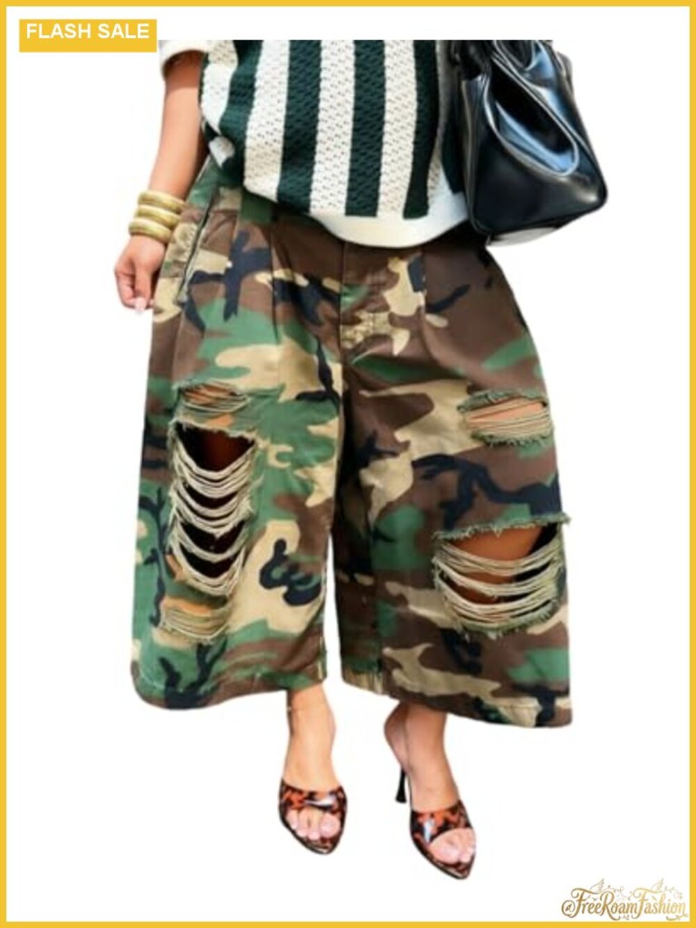 Women's Distressed Camo Wide Leg Capri Pants High Waisted Pleated Baggy